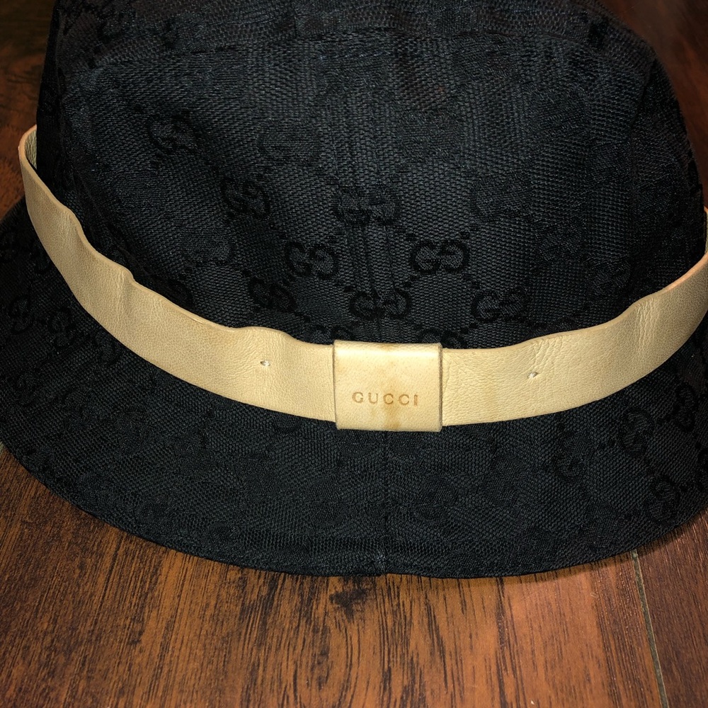 Gucci Original Black Beige Leather Strip GG Bucket Hat. Size M - Picture 2 of 8